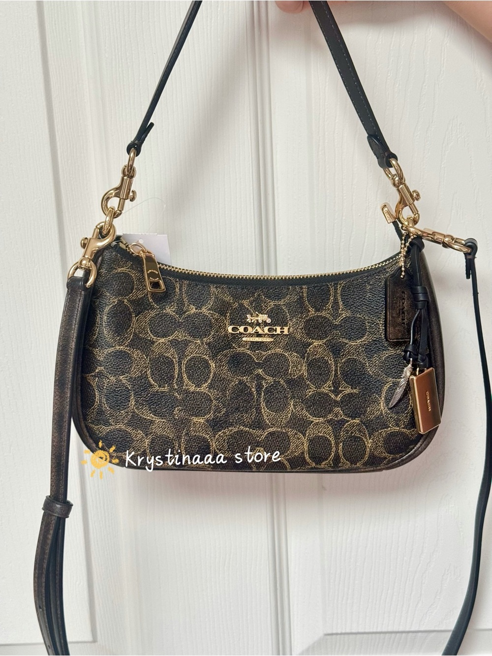 NWT Coach Teri Shoulder Bag Loved Signature Canvas With Charms CDY18 Gold/Brown